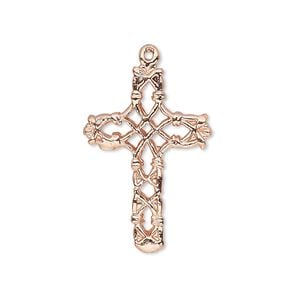 Drop, copper, 27x19mm filigree cross. Sold per pkg of 2.
