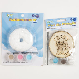 Painting kits 1pkg10, wood / paint / plaster, multicolored, 3-1/2 inch round with puppy and 3 inch round donut.
