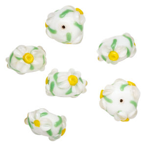 Bead, lampworked glass 1pkg6, white / green / yellow, 18x12mm rondelle with flower and vine.