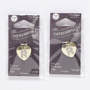 Charm, gold-finished "pewter" (zinc-based alloy), / steel / acrylic rhinestone, clear, 15.5x15mm single-sided puffed heart with letter "R." Sold per pkg of 2.