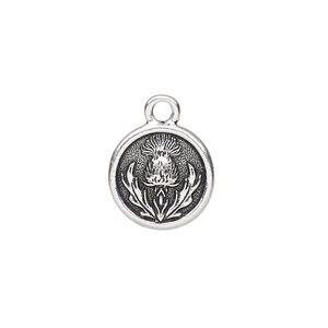 Charm, TierraCast&reg;, antique silver-plated pewter (tin-based alloy), 14.5mm round with thistle design. Sold per pkg of 2.