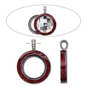Pendant, Almost Instant Jewelry&reg;, epoxy / crystals / gunmetal-finished "pewter" (zinc-based alloy), light Siam red and crystal clear with glitter, 45x35mm single-sided with 30mm round setting. Sold individually.