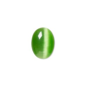 Cabochon, cat's eye glass (fiber optic glass), green, 16x12mm calibrated oval, quality grade. Sold per pkg of 8.