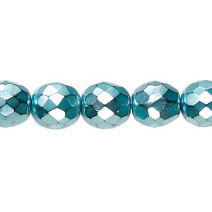 Bead, Czech fire-polished glass, opaque aqua carmen, 10mm faceted round. Sold per 15-1/2" to 16" strand.