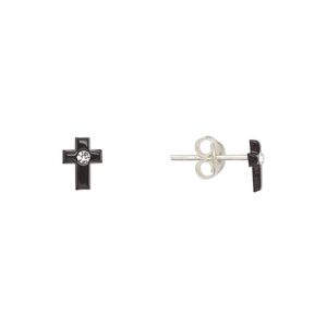Earstud, Create Compliments&reg;, sterling silver and crystal, black and clear, 7x5mm cross. Sold per pair.