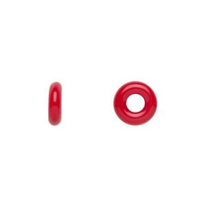 Bead, Czech pressed glass, opaque red, 9.5x3mm ring. Sold per pkg of 50.