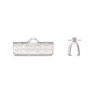 Ribbon crimp end 1pkg10 silver-plated, 16x6mm textured rectangle, brass