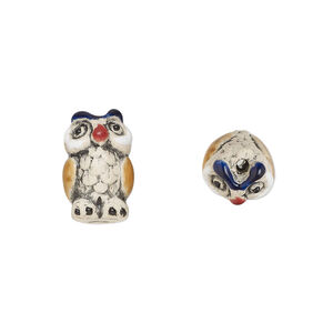 Bead, glazed ceramic, white / blue / multicolored, 15x10mm hand-painted owl. Sold per pkg of 2.