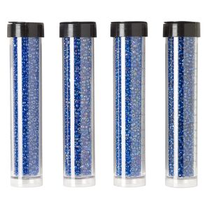 Seed bead assortment, Ming Tree&trade;, glass, pkg/(4) 4 x 3/4 inch vials, #11 round, opaque and transparent silver-lined rainbow cobalt blue.