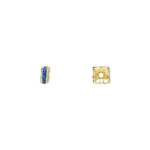Bead 1pkg10 gold-finished, 4x2mm squaredelle, brass / sapphire blue rhinestone