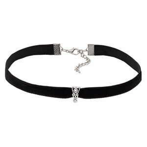 Necklace, choker, velvet and imitation rhodium-finished steel and "pewter" (zinc-based alloy), black, 9mm wide with fancy bail and loop, 12-1/2 inches with 2-inch extender chain and lobster claw clasp. Sold per pkg of 2.