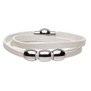 Bracelet, 3-strand, leather (dyed) and stainless steel, white, 10mm wide with 10x10mm barrel, adjustable at 6-1/2 and 9-1/2 inches with magnetic clasp. Sold individually.
