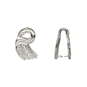 Bail, ice-pick, Egyptian glass rhinestone and imitation rhodium plate brass, clear, 17x10mm swan, 13mm grip length. Sold per pkg of 6.