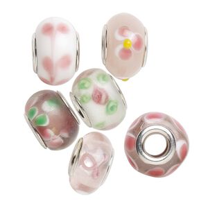Bead, Dione&reg;, lampworked glass and imitation rhodium-plated brass grommets, transparent pink and opaque multicolored, 12x8mm-16x9mm rondelle with assorted designs. Sold per pkg of 6.