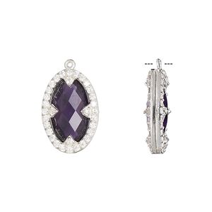 Drop, amethyst (natural) / cubic zirconia / sterling silver, clear, 18x12mm double-sided faceted oval. Sold individually.