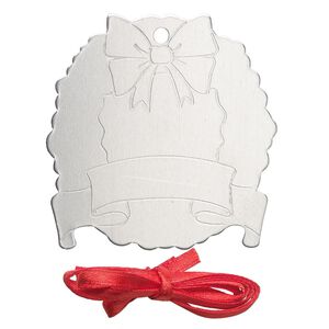 Ornament, ImpressArt&reg;, aluminum and polyester, 2-1/16 x2 inch wreath with ribbon. Sold per pkg of 3.