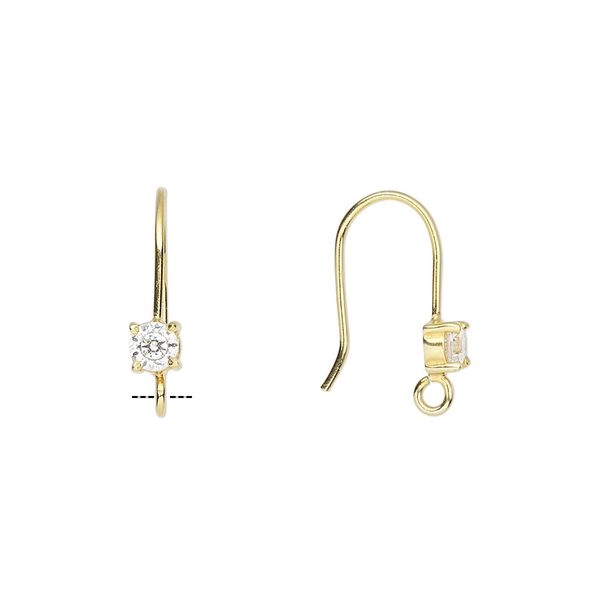 Ear wire fishhook 1pkg2 sterling silver / cubic zirconia, 16.5mm / 3.5mm faceted round / open loop, 21 gauge gold-finished clear 1 pair image number 0