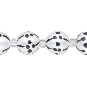 Bead, glass 1pkg8, opaque black and white, 12mm hand-painted round.