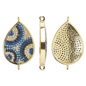 Link, cubic zirconia and gold-finished brass, blue / black / clear, 22x16.5mm single-sided teardrop with circle design. Sold individually.