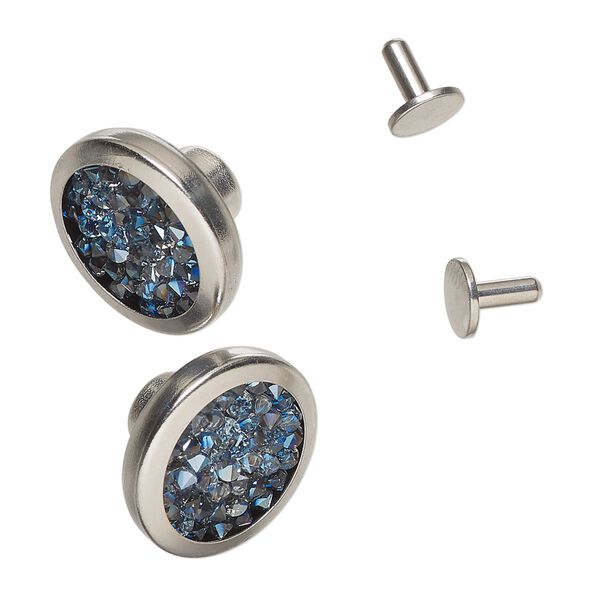 Jean button, Vintage Crystal&trade;, imitation rhodium-finished brass and crystal, opaque Bermuda blue, 16.5mm round (1795/140). Sold per pkg of (2) 2-piece sets. image number 0