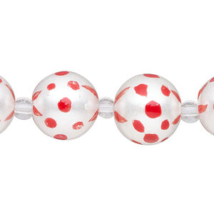 Bead, glass 1pkg8, opaque red and white, 14mm hand-painted round.