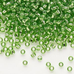 Seed bead, Dyna-Mites&trade;, glass, silver-lined translucent green, #8 round. Sold per 40-gram pkg.