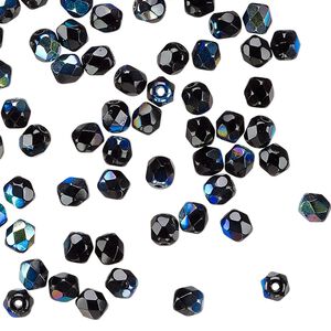 Czech fire-polished glass 1pkg1, faceted round bead half-coated opaque jet AB 1 mass 4mm