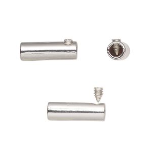 Cord end, glue-in, imitation rhodium-plated plated "pewter" (zinc-based alloy) and steel, 16.5x5.5mm round tube. Sold per pkg of 10.