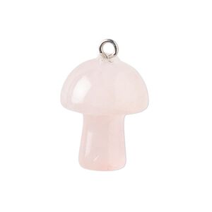 Drop 1pkg1, imitation rhodium-plated brass and rose quartz (natural), 20x15mm hand-carved 3D mushroom