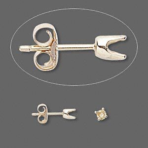 Earstud 1pkg2 Sure-Set&trade; 14Kt gold, 3mm round pre-notched 4-prong setting / earnuts, 1 pair