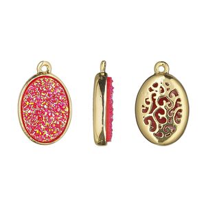 Drop, Druzylite&trade;, "druzy" (resin) and gold-finished brass, hot pink, 15.5x11.5mm two-sided oval with open filigree back. Sold per pkg of 4.