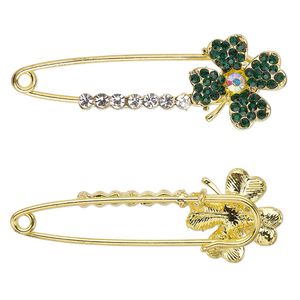 Brooch, glass rhinestone with gold-finished steel and "pewter" (zinc-based alloy), emerald green, emerald green / clear / clear AB, 58x20mm safety pin with 20x20mm clover. Sold individually.