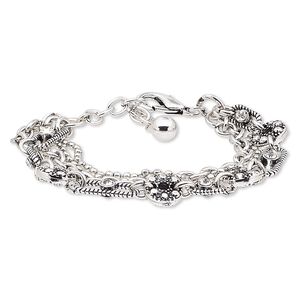 Bracelet, 4-strand, glass rhinestone / silver-plated steel / antique silver-plated brass / "pewter" (zinc-based alloy), clear, 16mm wide with round, 6-1/2 inches with 1-3/4 inch extender chain and lobster claw clasp. Sold individually.