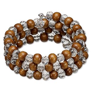 Bracelet, glass / stained wood / silver-plated steel memory wire, clear, 24mm wide with faceted round, 7-inch adjustable. Sold individually.