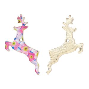 Charm, resin and gold-finished "pewter" (zinc-based alloy), multicolored, 31x16mm single-sided deer with flower design. Sold individually.