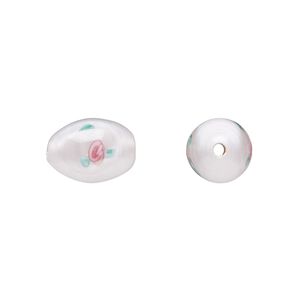 Bead, Czech lampworked glass, opaque white / pink / green, 12x8mm-13x9mm olive with flower design. Sold per pkg of 4.