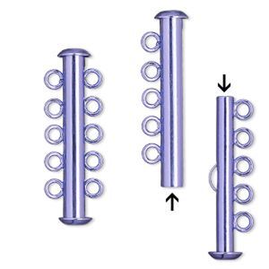 Clasp slide lock 1pkg2, 31x6mm tube, brass / electrocoated purple 5-strand
