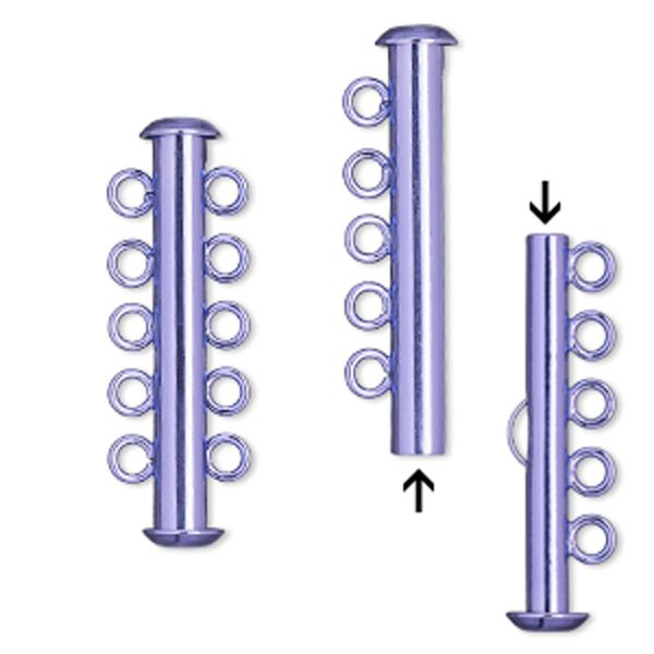 Clasp slide lock 1pkg2, 31x6mm tube, brass / electrocoated purple 5-strand image number 0
