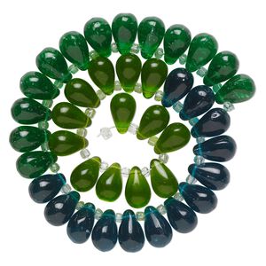 Bead, glass, transparent light green, green and teal, 16x10mm top-drilled teardrop with irregular rondelles. Sold per 14-inch strand.