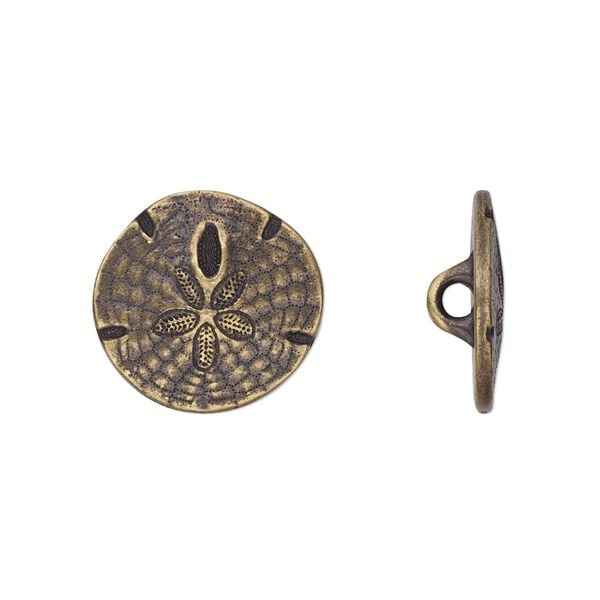 Button, TierraCast&reg;, antique brass-plated pewter (tin-based alloy), 17mm flat round sand dollar with closed loop. Sold per pkg of 2. image number 0