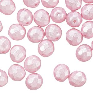 Czech fire-polished glass 1pkg1, faceted round bead dipped d&eacute;cor opaque pearlescent light pink 1/2 mass 8mm