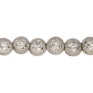 Lava rock 1pkg1, electrocoated round bead, silver 15.5-16 inch 7-8mm