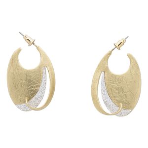 Earring, gold-finished brass and steel, silver with glitter, 26mm with scratched fancy oval and post. Sold per pair.
