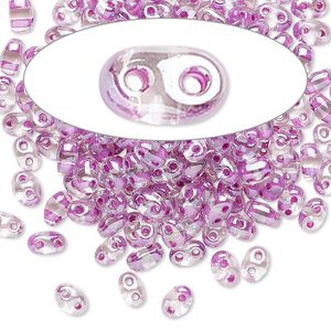 Seed bead, Preciosa Twin&trade; Czech glass, pkg/10g, 5x2.5mm oval, transparent violet terra color-lined clear, (38628).