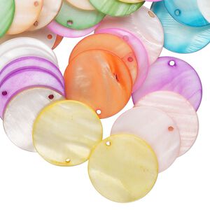 Drop mix, mother-of-pearl shell (bleached / dyed) 1pkg100, mixed colors, 25mm flat round.