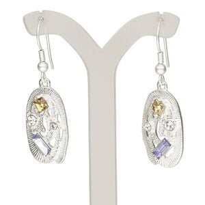Earring, acrylic / glass rhinestone / silver-finished brass / "pewter" (zinc-based alloy), clear / blue / topaz yellow, 44.5mm with matte oval and fishhook ear wire. Sold per pair.