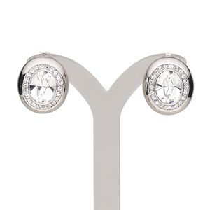 Earring, Austrian crystal / crystals / stainless steel / rhodium-plated "pewter" (zinc-based alloy), clear and crystal clear, 18x16mm oval with post and latch-back closure. Sold per pair.