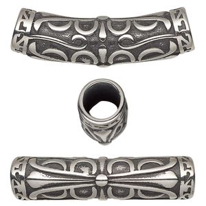 Bead 1pkg1 stainless steel, 35.5x12.5mm curved tube / filigree, antiqued