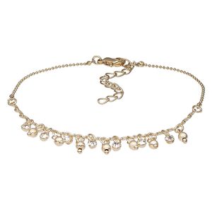 Bracelet, Egyptian glass rhinestone and gold-finished brass, clear, 15mm wide with 4mm round, 7-1/2 inches with 2-1/4 inch extender chain and lobster claw clasp. Sold individually.