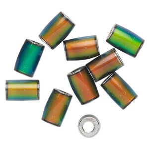 Bead 1pkg10 imitation rhodium-plated, 9x6mm-10x8mm tube / mood bead, brass / acrylic blue